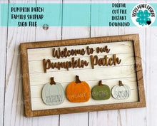 Load image into Gallery viewer, Pumpkin Patch Family Sign File SVG, Glowforge Fall, LuckyHeartDesignsCo