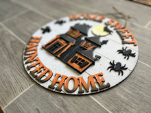 Load image into Gallery viewer, Home Sweet Haunted Home round door hanger Sign File, Glowforge Halloween, LuckyHeartDesignsCo