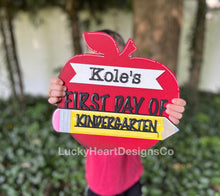 Load image into Gallery viewer, Back to School Apple Sign File, First Day of School, Glowforge, LuckyHeartDesignsCo