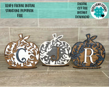 Load image into Gallery viewer, Leafy Floral Initial Standing Pumpkin File SVG, Glowforge. LuckyHeartDesignsCo