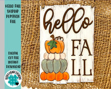 Load image into Gallery viewer, Hello Fall Shiplap Pumpkin Sign File SVG, Glowforge, LuckyHeartDesignsCO