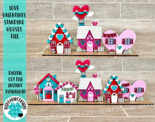 Load image into Gallery viewer, Love Valentine's Day Standing Houses File SVG, Tiered Tray Decor, Glowforge, LuckyHeartDesignsCo
