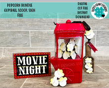Load image into Gallery viewer, Popcorn Bundle Gumball Scoop Sign File SVG, Movie Night Glowforge, Tiered Tray, LuckyHeartDesignsCo