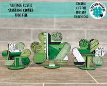 Load image into Gallery viewer, Vintage Rustic Clover Trio File SVG, St. Patrick's Day Glowforge Farmhouse, LuckyHeartDesignsCo