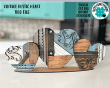 Load image into Gallery viewer, Vintage Rustic Heart Trio File SVG, Glowforge Farmhouse, LuckyHeartDesignsCo