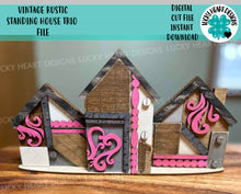 Load image into Gallery viewer, Vintage Rustic Standing Houses File SVG, family home Mantle Decor Glowforge, LuckyHeartDesignsCo