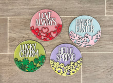 Load image into Gallery viewer, Holiday Round Interchangeable Leaning Sign File SVG, Leaning Ladder Seasonal Shapes, Glowforge Laser, LuckyHeartDesignsCo