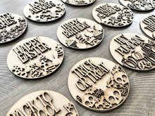 Load image into Gallery viewer, Holiday Round Interchangeable Leaning Sign File SVG, Leaning Ladder Seasonal Shapes, Glowforge Laser, LuckyHeartDesignsCo