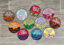 Load image into Gallery viewer, Holiday Round Interchangeable Leaning Sign File SVG, Leaning Ladder Seasonal Shapes, Glowforge Laser, LuckyHeartDesignsCo