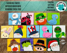 Load image into Gallery viewer, Holiday Faces Interchangeable Leaning Sign File SVG, Leaning Ladder Seasonal Shapes, Glowforge Laser, LuckyHeartDesignsCo