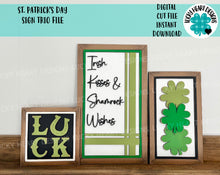 Load image into Gallery viewer, St. Patrick's Day Sign Trio File SVG, Glowforge Lucky Clover Shamrock, LuckyHeartDesignsCo