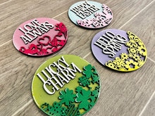 Load image into Gallery viewer, Holiday Round Interchangeable Leaning Sign File SVG, Leaning Ladder Seasonal Shapes, Glowforge Laser, LuckyHeartDesignsCo