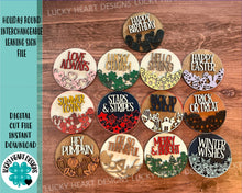Load image into Gallery viewer, Holiday Round Interchangeable Leaning Sign File SVG, Leaning Ladder Seasonal Shapes, Glowforge Laser, LuckyHeartDesignsCo
