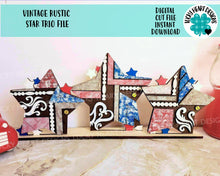 Load image into Gallery viewer, Vintage Rustic Star Trio Fourth Of July File SVG, Glowforge, LuckyHeartDesignsCo