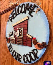 Load image into Gallery viewer, Chicken Coop Door Hanger Sign File SVG, Glowforge Chicken Eggs Farm, LuckyHeartDesignsCo
