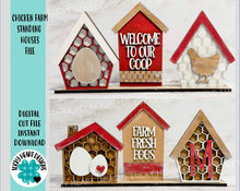Load image into Gallery viewer, Chicken Farm Standing Houses File SVG, Mantle Decor Glowforge farmhouse eggs, LuckyHeartDesignsCo