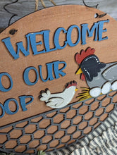 Load image into Gallery viewer, Welcome to our Coop Chicken Wire Door Hanger File SVG, Glowforge Chicken Eggs Farm, LuckyHeartDesignsCo