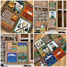 Load image into Gallery viewer, Camping Adventure Interchangeable Leaning Sign File SVG, Tiered Tray Glowforge, LuckyHeartDesignsCo