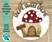Load image into Gallery viewer, Gnome Mushroom Interchangeable Door Hanger File SVG, Glowforge House, LuckyHeartDesignsCo