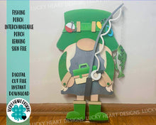 Load image into Gallery viewer, Fishing Tall Porch Gnome Interchangeable Leaning Sign File SVG, Glowforge Summer , LuckyHeartDesignsCo