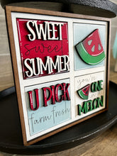 Load image into Gallery viewer, MINI Watermelon Interchangeable Leaning Sign File SVG, Summer fruit Tiered Tray Glowforge, LuckyHeartDesignsCo