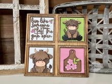 Load image into Gallery viewer, Highland Cow Interchangeable Leaning Sign File SVG, Farm Tiered Tray Glowforge, LuckyHeartDesignsCo