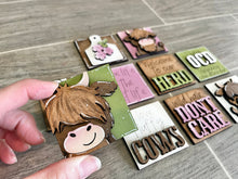 Load image into Gallery viewer, MINI Highland Cow Interchangeable Leaning Sign File SVG, Farm Tiered Tray Glowforge, LuckyHeartDesignsCo