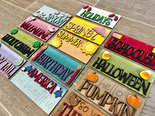 Load image into Gallery viewer, MINI Rectangle Seasonal Set Interchangeable Leaning Sign File SVG, Tiered Tray Glowforge, LuckyHeartDesignsCo