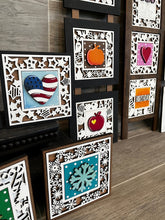 Load image into Gallery viewer, MINI Seasonal Interchangeable Frame Leaning Sign File SVG, Tiered Tray Glowforge, LuckyHeartDesignsCo