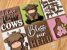 Load image into Gallery viewer, Highland Cow Interchangeable Leaning Sign File SVG, Farm Tiered Tray Glowforge, LuckyHeartDesignsCo