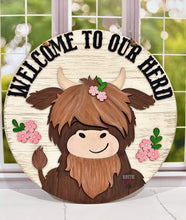 Load image into Gallery viewer, Highland Cow Round Door Hanger File SVG, Farm Glowforge, LuckyHeartDesignsCo