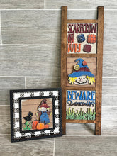 Load image into Gallery viewer, Scarecrow On Duty Interchangeable Leaning Sign File SVG, Glowforge Pumpkin Fall, LuckyHeartDesignsCo