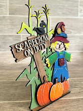 Load image into Gallery viewer, Standing Scarecrow On Duty File SVG, Glowforge Pumpkin Fall Tiered Tray, LuckyHeartDesignsCo