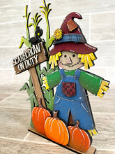 Load image into Gallery viewer, Standing Scarecrow On Duty File SVG, Glowforge Pumpkin Fall Tiered Tray, LuckyHeartDesignsCo