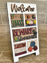 Load image into Gallery viewer, MINI Scarecrow Interchangeable Leaning Sign File SVG, Pumpkin Tiered Tray Glowforge, LuckyHeartDesignsCo