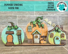 Load image into Gallery viewer, Pumpkin Standing Houses Fall File SVG, Fall Glowforge, Village, LuckyHeartDesignsCo