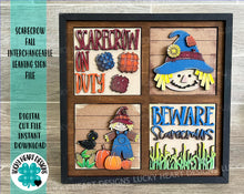 Load image into Gallery viewer, Scarecrow On Duty Interchangeable Leaning Sign File SVG, Glowforge Pumpkin Fall, LuckyHeartDesignsCo