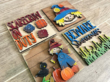 Load image into Gallery viewer, Scarecrow On Duty Interchangeable Leaning Sign File SVG, Glowforge Pumpkin Fall, LuckyHeartDesignsCo