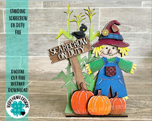 Load image into Gallery viewer, Standing Scarecrow On Duty File SVG, Glowforge Pumpkin Fall Tiered Tray, LuckyHeartDesignsCo
