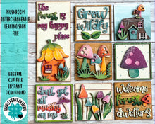 Load image into Gallery viewer, Mushroom Interchangeable Leaning Sign File SVG, Tiered Tray, Gnome, Spring, Garden, Fairy, Glowforge, LuckyHeartDesignsCo