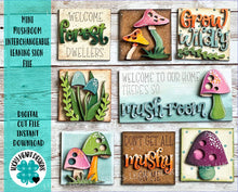 Load image into Gallery viewer, MINI Mushroom Interchangeable Leaning Sign File SVG, Gnome Fairy House, Garden, Tiered Tray Glowforge, LuckyHeartDesignsCo