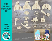 Load image into Gallery viewer, Sports Tall Gnome Interchangeable File SVG, Glowforge, Football, Soccer, Baseball, Softball, Hockey, Cheer, Basketball, LuckyHeartDesignsCo
