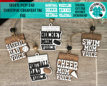Load image into Gallery viewer, Sports Mom Dad Christmas Ornament Tag File SVG, Glowforge, Car Charm, Bag Tag, Football,Cheer, Soccer, Hockey, Baseball, LuckyHeartDesignsCo