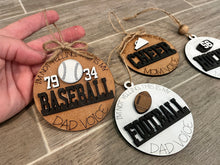Load image into Gallery viewer, Sports Mom Dad Round Christmas Ornament Tag File SVG, Glowforge, Car Charm, Bag Tag, Football,Cheer, Hockey, Baseball, LuckyHeartDesignsCo