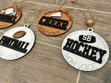 Load image into Gallery viewer, Sports Mom Dad Round Christmas Ornament Tag File SVG, Glowforge, Car Charm, Bag Tag, Football,Cheer, Hockey, Baseball, LuckyHeartDesignsCo