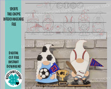 Load image into Gallery viewer, Sports Tall Gnome Interchangeable File SVG, Glowforge, Football, Soccer, Baseball, Softball, Hockey, Cheer, Basketball, LuckyHeartDesignsCo