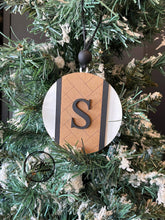Load image into Gallery viewer, Herringbone Initial Christmas Ornament File SVG, Glowforge, Wedding Gift Tag, Keychain Tag , LuckyHeartDesignsCo