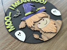 Load image into Gallery viewer, Highland Cow Halloween Door Hanger File SVG, Farm Glowforge, Witch, LuckyHeartDesignsCo