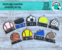 Load image into Gallery viewer, Sports Ball Christmas Ornament Tag File SVG, Glowforge, Car Charm, Bag Tag, Football,Cheer, Soccer, Hockey, Baseball, LuckyHeartDesignsCo