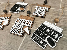 Load image into Gallery viewer, Sports Mom Dad Christmas Ornament Tag File SVG, Glowforge, Car Charm, Bag Tag, Football,Cheer, Soccer, Hockey, Baseball, LuckyHeartDesignsCo